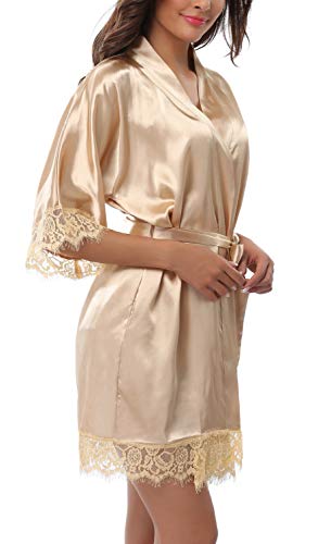 Old-Times Women's Short Satin Kimono Robe Silky Lightweight Sleepwear Bridesmaids Bathrobe with Lace