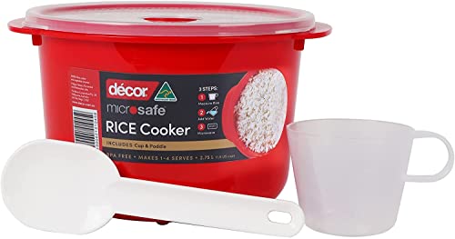 Décor Microwave Rice Cooker Makes 1-4 cups each time comes with measuring cup and rice paddle. Stay cool handles and steam release vent. Dishwasher and freezer safe. BPA Free 2.75L Capacity Red