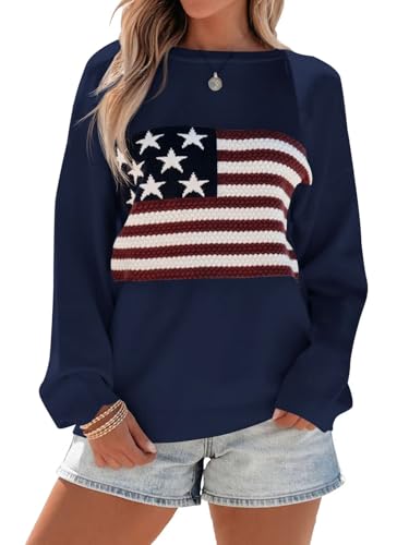 BONITEE Womens American Flag Sweaters Casual Long Sleeve Crewneck Pullover USA Graphic Print Soft Loose Knit Sweater