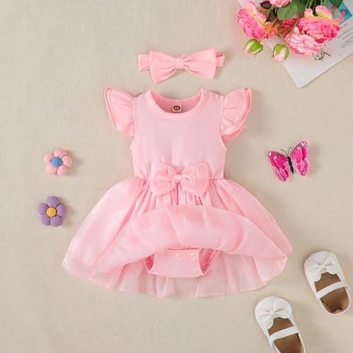 Baby Girls Tutu Dress Infant Ruffle Sleeve Bodysuit Newborn Solid Tulle Skirt Sets Butterfly Headband Romper Outfit2