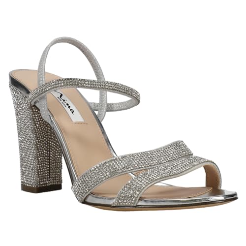 NINA Womens Sarah Rhinestone Strappy Block Dress Sandals High Heel 3" & Up - Silver2
