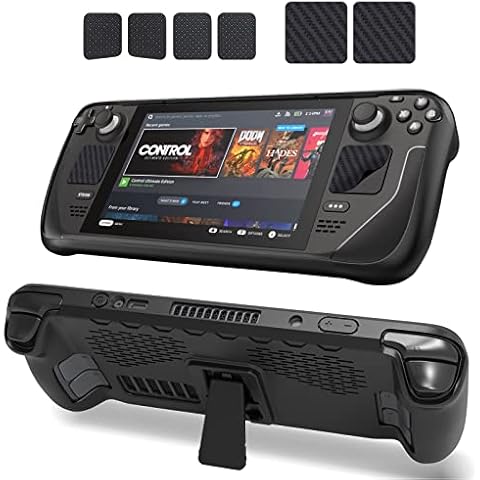 KUNSLUCK Protective Case for Steam Deck, TPU Protective Cover Case with Kickstand and 6 Pcs Protective Skin Compatible with Steam Deck, Shock-Absorption Non-Slip Anti-Scratch Design (Black Cover