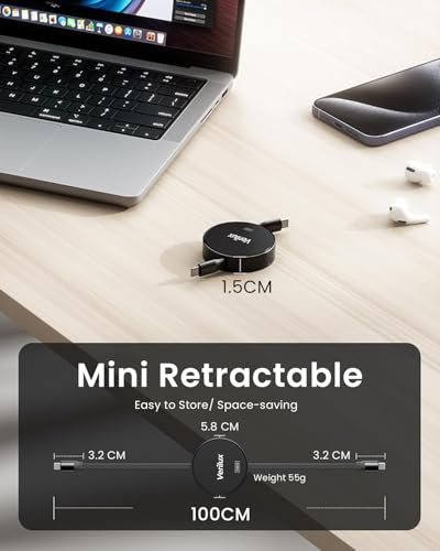 Image of Verilux USB C to USB C Retractable Cable, 3.3ft PD 240W Type C Charging Cable Data Cable, Lightweight and convenient, Compatible with iPhone 15 /Pro /Plus, Galaxy Z Flip5 /S23, Mac-book Pro (Black)
