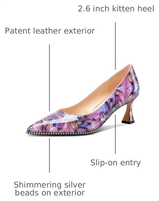 Image of TNYNFBEB Womens Mid Kitten Heel Pointed Toe Pumps Slip-on Silver Beaded Prom Party Dress Patent Leather 2.6 Inches Heels
