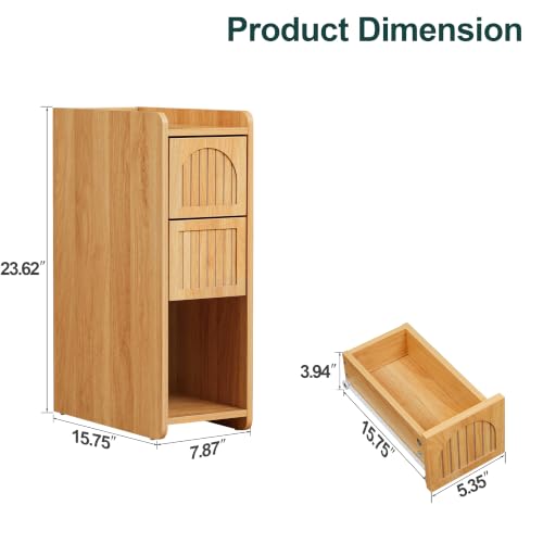 Image of Narrow Nightstand Set of 2, Wooden Small 2 Drawer Nightstand, Slim Side End Table, Skinny Bedside Table, Mid Century Modern Night Stand with Drawers for Bedroom (Yellowish Natural)