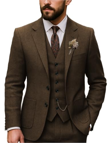 Men's Formal Suits Regular Fit 3 Piece Business Tuxedos Tweed Herringbone Jacket+Waistcoat+Pants Wedding Groomsmen2