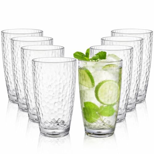 Tebery 8 Pack Plastic Highball Drinking Glasses Plastic Tumbler Cups, 18 Ounces All-Clear Reusable Water Beverage Tumbler Set for Soda, Juice, Iced Tea, Party | Stackable, BPA-Free