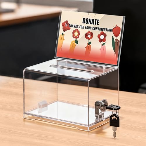 KYODOLED Clear Donation Box for Fundraising with Lock & Sign