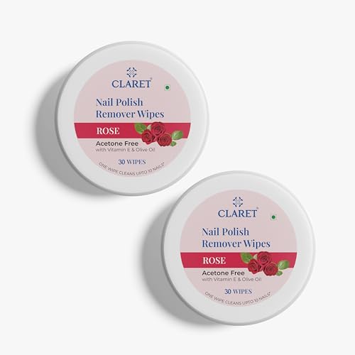 Claret Rose Nail Polish Remover Wipes | 30 Wipes | 45 mm Dia. | Acetone-Free with Vitamin E & Olive Oil | One Wipe Cleans Up to 10 Nails | Travel-Friendly Nail Care (Pack Of 2)