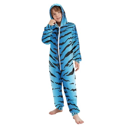 Sletend Blue Tiger Print Unisex Zip Up One-piece Pajamas for Christmas Cosplay Costume Homewear Sleepwear Jumpsuit 7-8 Years