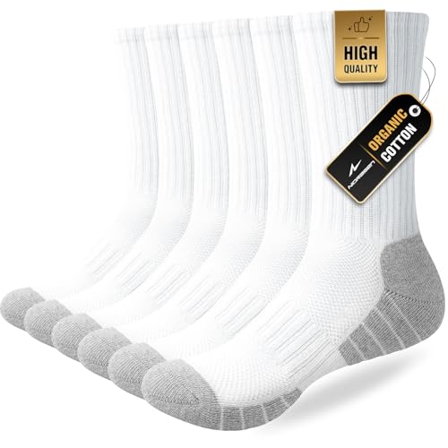 Niorasen 6 Pairs Mens Socks Cushioned Breathable Sports Socks Outdoor Multipack Comfortable Crew Cotton Athletic sock for Work Walking Hiking Running White 9-12