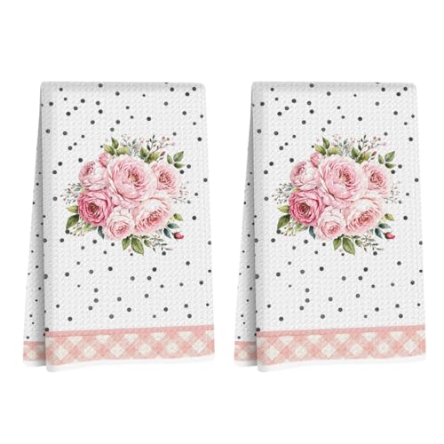 Image of 2Pcs Flower Kitchen Towels 24x14 Inch, Pink Floral Grid Reusable Microfiber Dish Towels, Waffle Weave Hand Tea Towel for Kitchen Home Bathroom Farmhouse Decor, Flowers Gifts for Women Friend