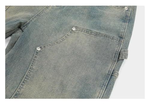 Men’s Double Knee Denim Flare Pants, Retro High Street, Loose Washed Distressed Carpenter Jeans4