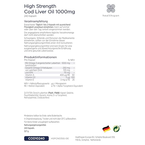 Healthspan Lebertran 1.000 mg | Reich an Omega-3-Fettsäuren DHA & EPA | Vitamin A und D3 | Gehirnfunktion, Augen- und Herzgesundheit | Aus nachhaltigen Quellen (240 Kapsel)