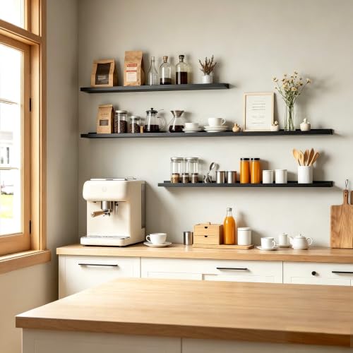 Image of Black Floating Shelves for Wall Decor, 56 in Shelf with Lip Set of 2 | 4.5 inch Deep Display Picture Ledge Shelf, Long Wall Mounted Storage Shelves for Bedroom, Bathroom, Living Room, Kitchen, Nursery