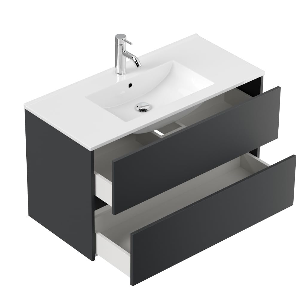 Magnolia Home Badmöbel Set Taifun 4tlg. 100 cm mit LED Spiegel, 3er Boxen & Hochschrank Farbe Grafit