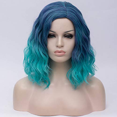 BUFASHION 14" Women Short Wavy Curly Wig For Cosplay Halloween Synthetic Wigs Ombre Teal Blue Bob Wigs For Women (Ombre Teal Blue)
