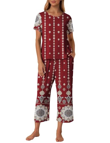 Image of Ekouaer Women Capri Pajama Sets Short Sleeve Tops and Capri Pants for Summer, Small, Floral Wine Red 2