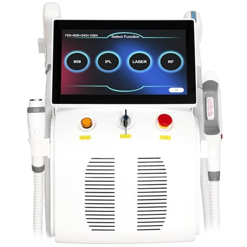 Máquina de belleza 4 en 1: depilación láser diodo, rejuvenecimiento IPL + RF reafirmante y eliminación de tatuajes láser, cuerpo y rostro, uso doméstico o estética, 4 cabezales, blanco