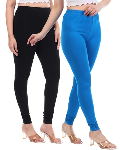 Image of TPF Women Solid Cotton Lycra 4 Way Stretchable Leggings | Combo Pack of 2 Comfortable Churidar-Length Slim Fit Leggings for Women & Girls