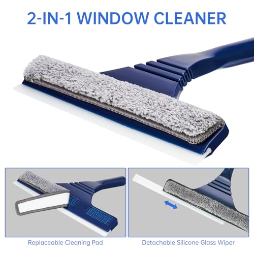 Image of NiHome 2-In-1 Window Squeegee with 67-Inch Extension Pole, Adjustable Length, Dual-Sided Microfiber Cloth & Silicone Blade, Streak-Free Cleaning for Windows, Shower Glass, Mirrors, and Car Windshields