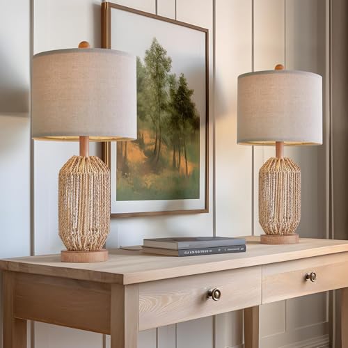 Image of OYEARS 21 inch Boho Table Lamps Set of 2 for Living Room, Bedside Lamps for Nightstand, Rattan Lamp for Bedroom, Farmhouse Table Lamps for Boho Decor, End Table, Retro, Brown