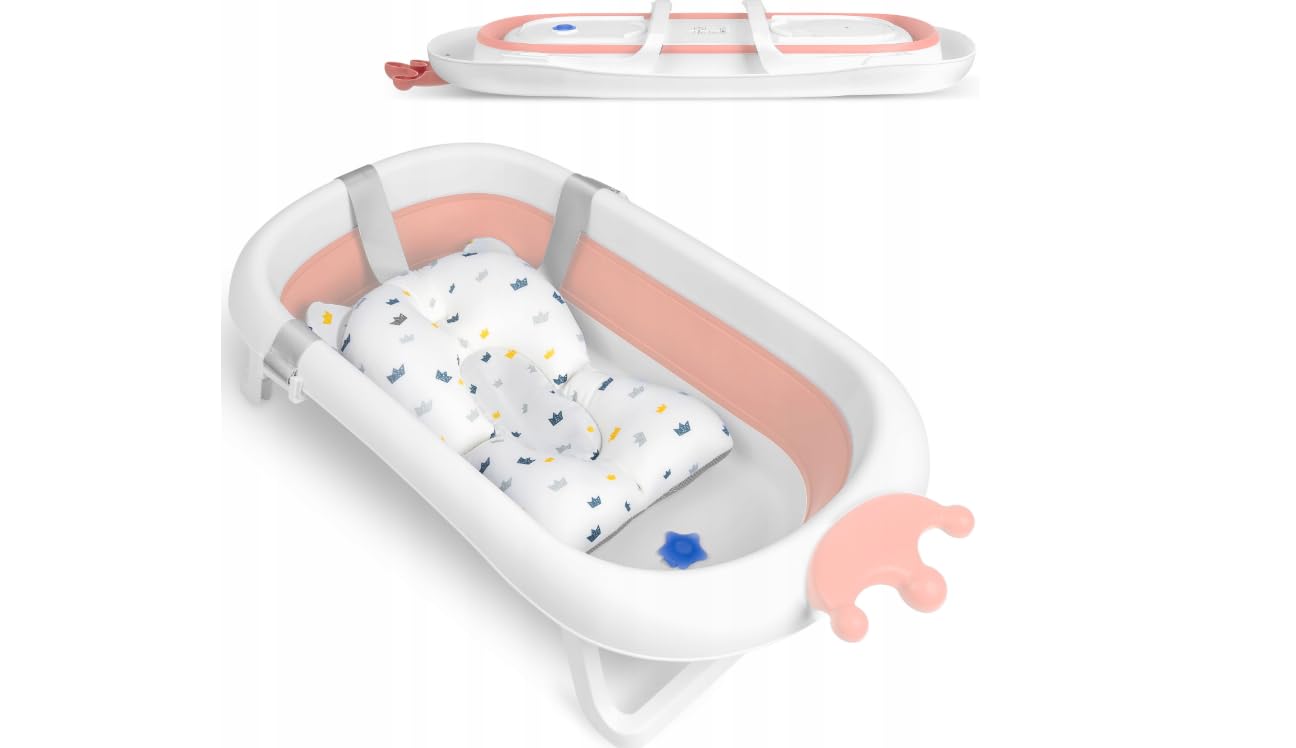 Ricokids Bañera Bebé Plegable Ligera Con Patas Antideslizantes Almohadilla De Baño Termómetro Integrado 0-6 Años 0-45 kg Blanco Rosa