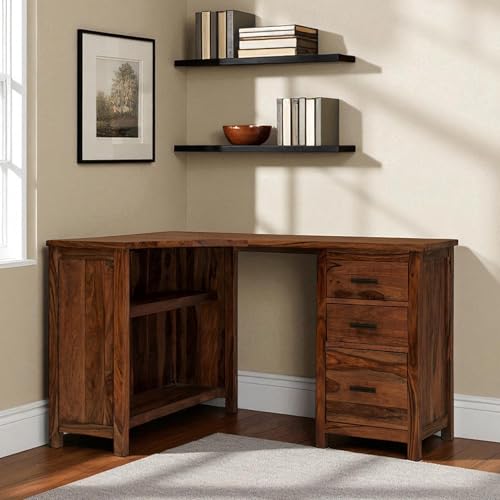 Image of The Attic Illinoi Study Table, Solid Sheesham Wood Left Corner Study Table, Honey Matt