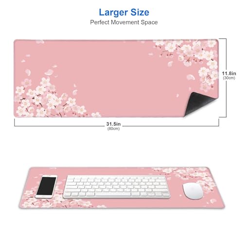 Image of IMAYONDIA Pink Japanese Desk Mat, Cherry Blossom Large Gaming Mouse Pad, Non-Slip Rubber Base Mousepad for Women, Desk Pad for Work, Game, Office, 31.5x11.8 Inch- Sakura Flowers Aesthetic