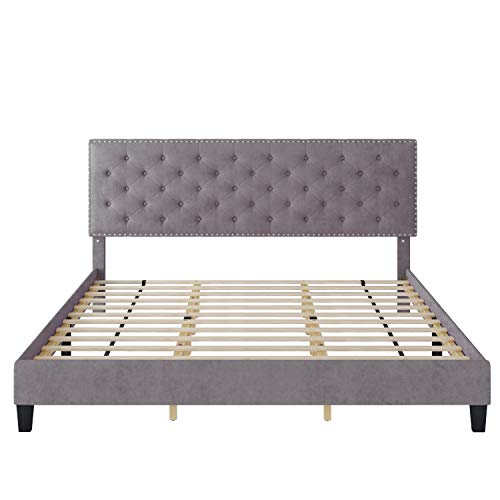 Urkno King Bed Frame, Upholstered Platform Bed Frame With Adjustable Headboard, Button Tufted Mattress Foundation With Sturdy Wood Slat Support, No Box Spring Required, Easy Assembly (Grey, King) #TOP6