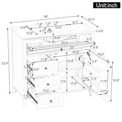 Image of 36 inch Bathroom Vanities with Top Set, Cabinet with Multi-Functional Tip-Out Drawer and Adjustable Shelf, Soft-Closing Door, Solid Wood Legs, Blue Gray