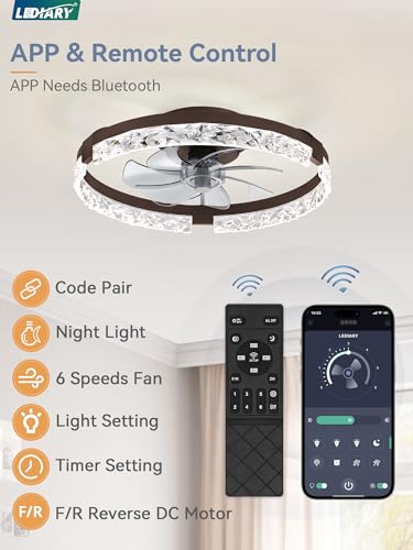 Image of LEDIARY 20 inch Low Profile Ceiling Fans with Lights, APP & Remote, Brown