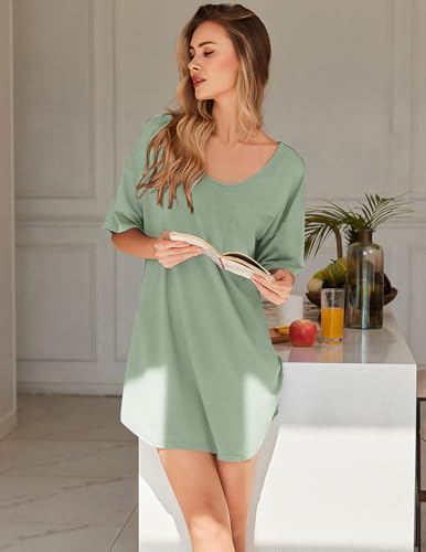 Ekouaer Nightgown for Women Bamboo Viscose Sleepshirt short sleeve Nightshirt V Neck T shirt Night gown Boyfriend Sleepwear2