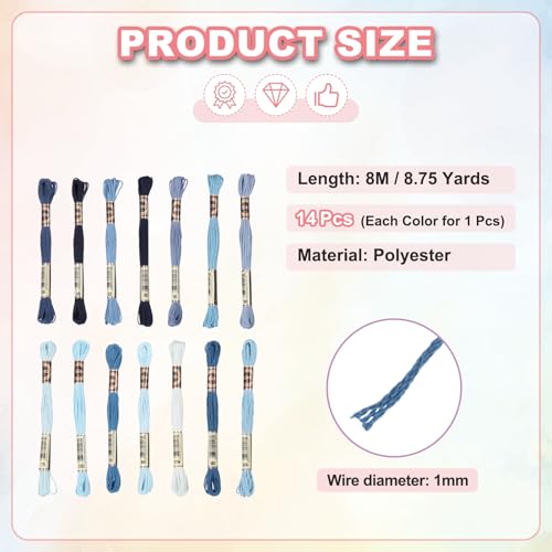 Image of PATIKIL 14 Skeins Embroidery Floss, Polyester Embroidery Threads Bracelets String for Cross-Stitch Hand Embroidery, Multicolored Blue