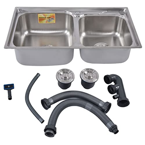 YYALYYON Double Bowl Kitchen Sink for Brand, Large and Small Basin, 304 Stainless Steel, Brushed Finish, with Drainer and Soundproof Pad
