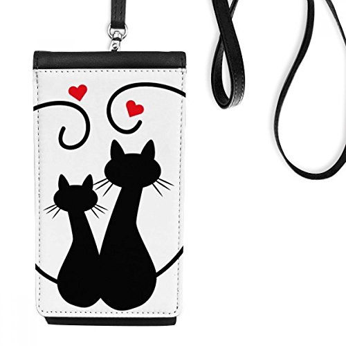 Monedero para teléfono de piel sintética con diseño de dos gatos en forma de corazón negro