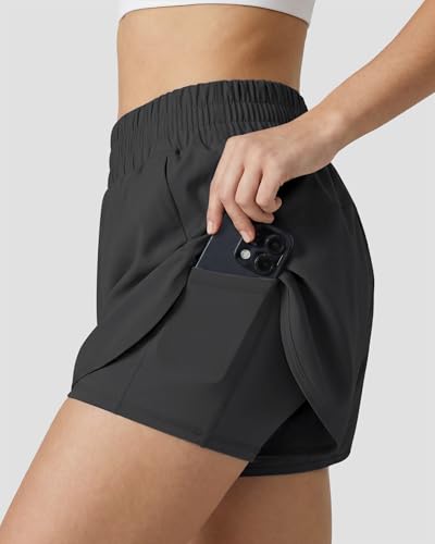 Stelle 2 in 1 Womens Running Shorts High Waisted Athletic Workout Gym Short with Zip Pockets (Grey,XXL) — view 2