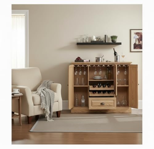 Image of APRODZ Solid Mango Wood Bar Cabinet for Home and Bar |Peetz Royal Stylish Wooden Wine Storage Rack with Drawer, Glass Holder & Bottle Organizer Drink Wine Rack Organizer for Living Room,Natural Finish