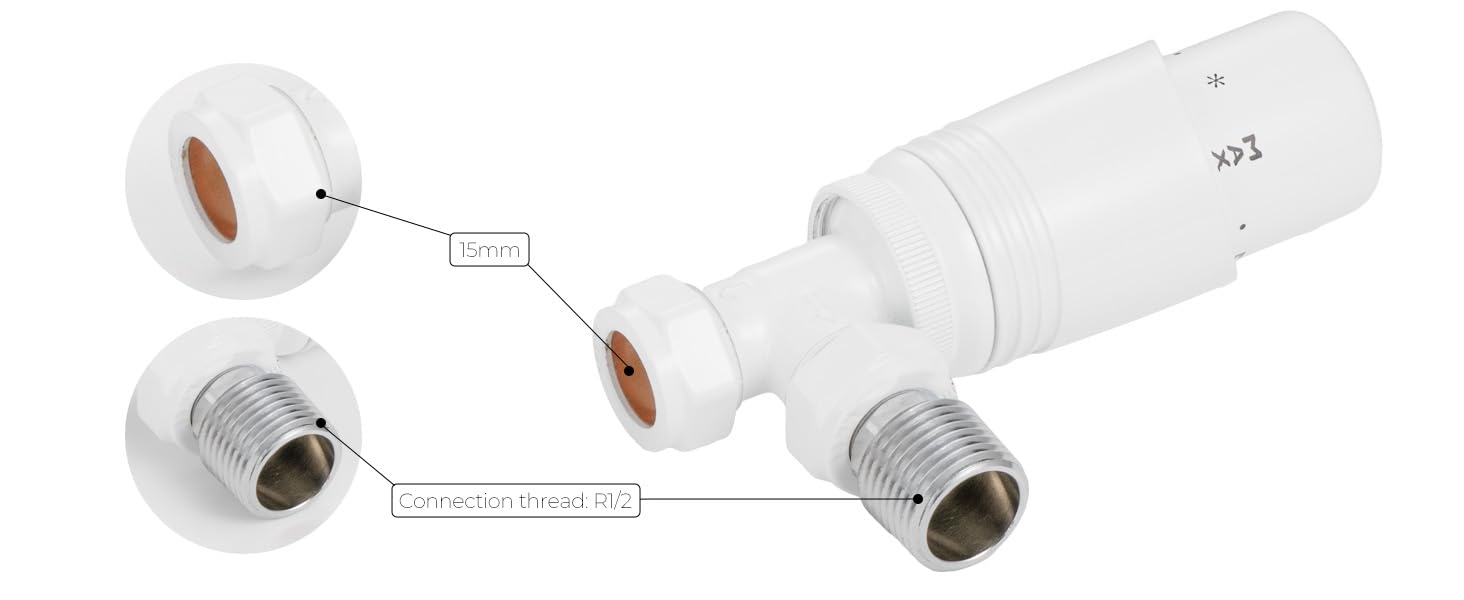 hep Online, valvola termostatica per radiatore 1/2 "× 15 mm, angolata con detentore, set termostato TRV, ottone H62, a risparmio energetico (angolo bianco TRV)