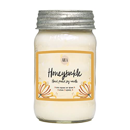 Aira Soy Candles - Organic, Kosher, Vegan Soy Candles W/ Therapeutic Grade Essential Oil - Hand-Poured W/ Pure Soy Candle Wax - Paraffin Free, Burns 110+ Hours - Spring Candle Honeysuckle - 16 Ounces #TOP2