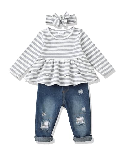 Image of Baby Girl Clothes Toddler Girls Winter Outfits Infant Clothing Ruffle Top Denim Pants Jeans Cute Fall Outfit Set