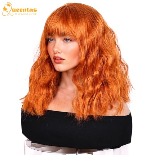Image of QUEENTAS 12 Inch Short Ginger Bob Wavy Curly Hair Wig for Women Full Head with Bangs Synthetic Diwali Wigs