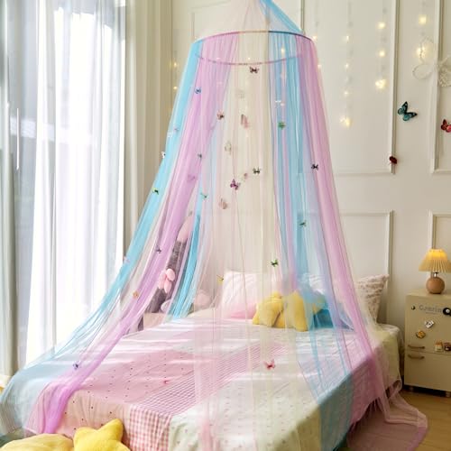 Image of Rainbow Bed Canopy with Butterflies for Girls,Breathable Canopy Bed Curtain for Bed,Princess Play Tent for Kids Room Reading Nook