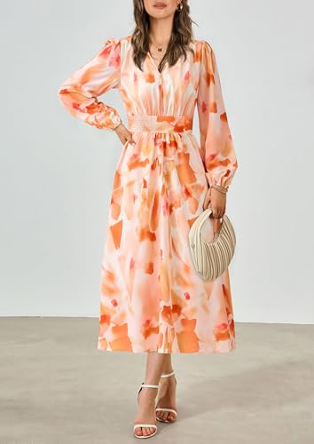 PRETTYGARDEN Women's Floral Midi Dress Casual Fall V Neck Long Sleeve Flowy Spring Beach Wedding Guest Vacation Dresses