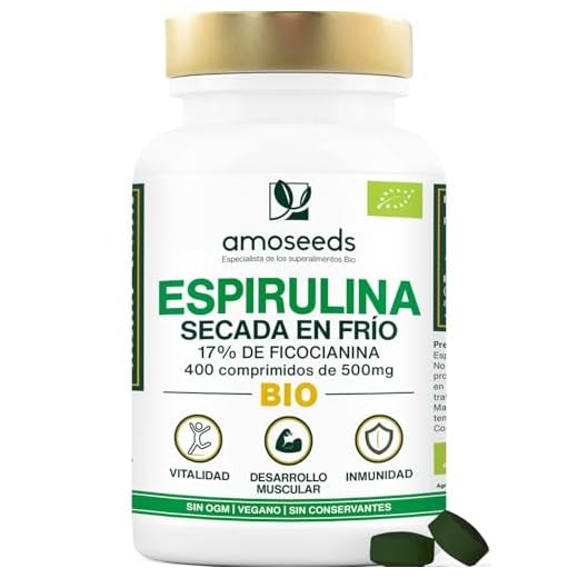 Espirulina BIO, 4500mg / día | 17% Ficocianina, Secada en frío | Saciante, Energía, Proteínas, Hierro | 400 comprimidos veganos de 500mg | Primera Calidad