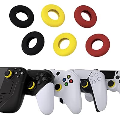 PlayVital 3 Pairs Silicone Aim Assist Target Motion Control Precision Rings for PS5, for PS4, for Xbox Series X/S, Xbox One, Xbox 360, for Switch Pro, for Steam Deck - Red & Black & Yellow