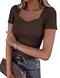 Aottori Camiseta Verano Mujer Manga Corta Top Cuello V Básico Capa Base Camiseta Acanalada Slim Fit Estirada Top Tunica Sencillo Marrón L
