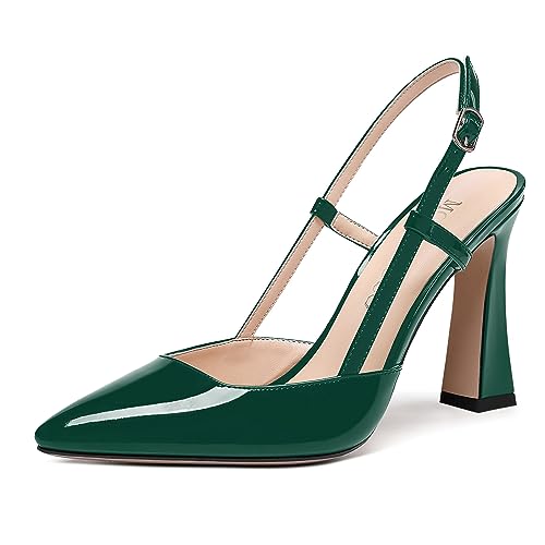 MODENCOCO Womens Comfortable Fashion Pointed Toe Night Club Patent Slingback Buckle Block High Heel Pumps Shoes 4 Inch