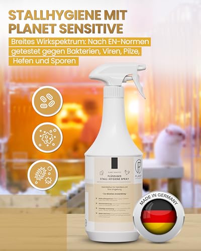 Stall-Hygiene Spray – 1L Desinfektionsmittel für Käfige, Ställe & Tierbereiche | Wirksam gegen Bakterien, Pilze & behüllte Viren (z. B. Influenza-Viren) | Planet Sensitive® zur Flächendesinfektion
