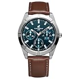 CARIBBEAN JOE Orologio analogico da uomo con quadrante verde acqua, cassa rotonda da 43 mm, quadranti decorativi, cinturino in pelle vegana marrone, movimento al quarzo, orologio da polso casual da